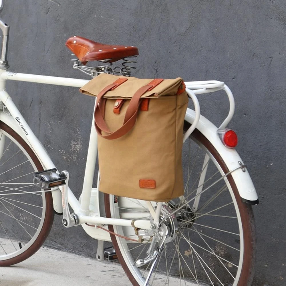 Wholesale Tourbon Unisex Urban Bicycle Tote Bag Single Pannier Canvas and Leather Riding Bag for Outdoor Cycling for Men Women