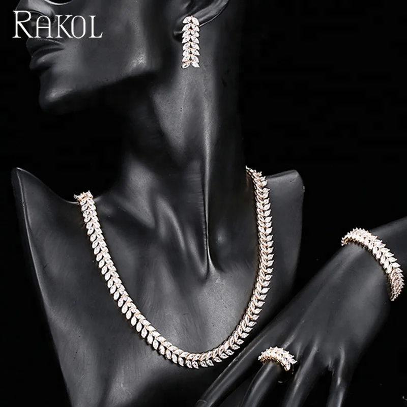 RAKOL SP289 Charm American Silver/Gold/Rose Gold Wheat Leaf CZ Zircon Necklace Four Piece Jewelry Set