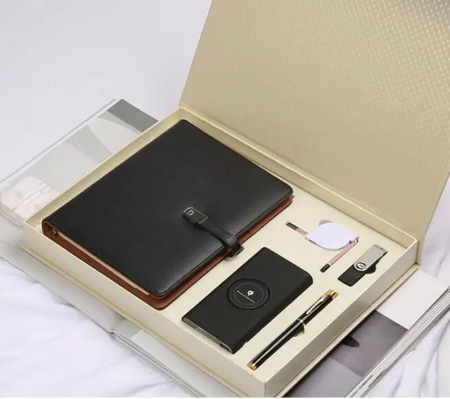 2018 hot sale business gift set organizer planner notebook with power bank and usb flash drivewith 3 in 1 line cable