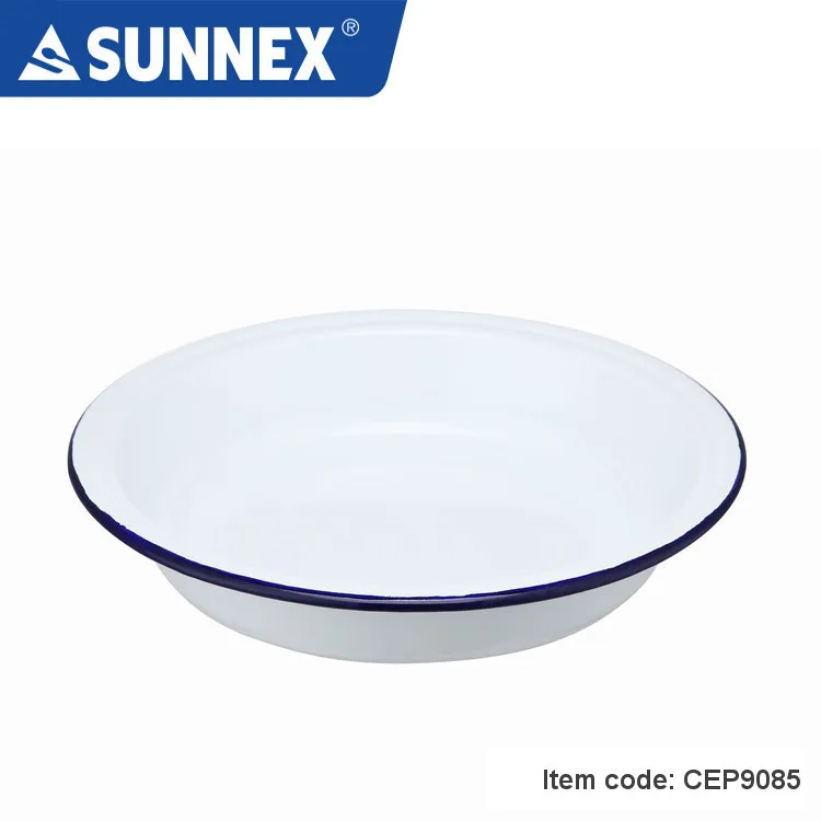 Sunnex Durable Steel Inner Blue Rim White Bowl Plate Cup Dish Mug Enamel Coating Tableware for Restaurant Hotel Crockery