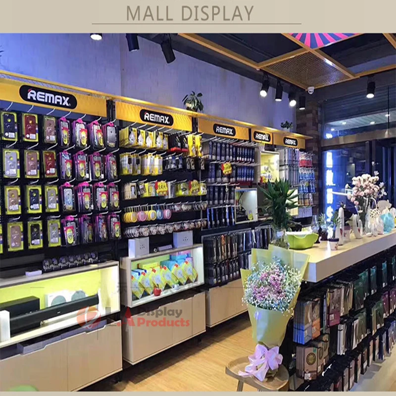 Factory supply mobile phone metal rack retail shelving display rack with storage cabinet