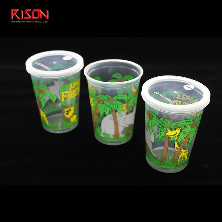 Customized printing 10 oz disposable clear PP plastic kids juice cup with lid straw leakage proof