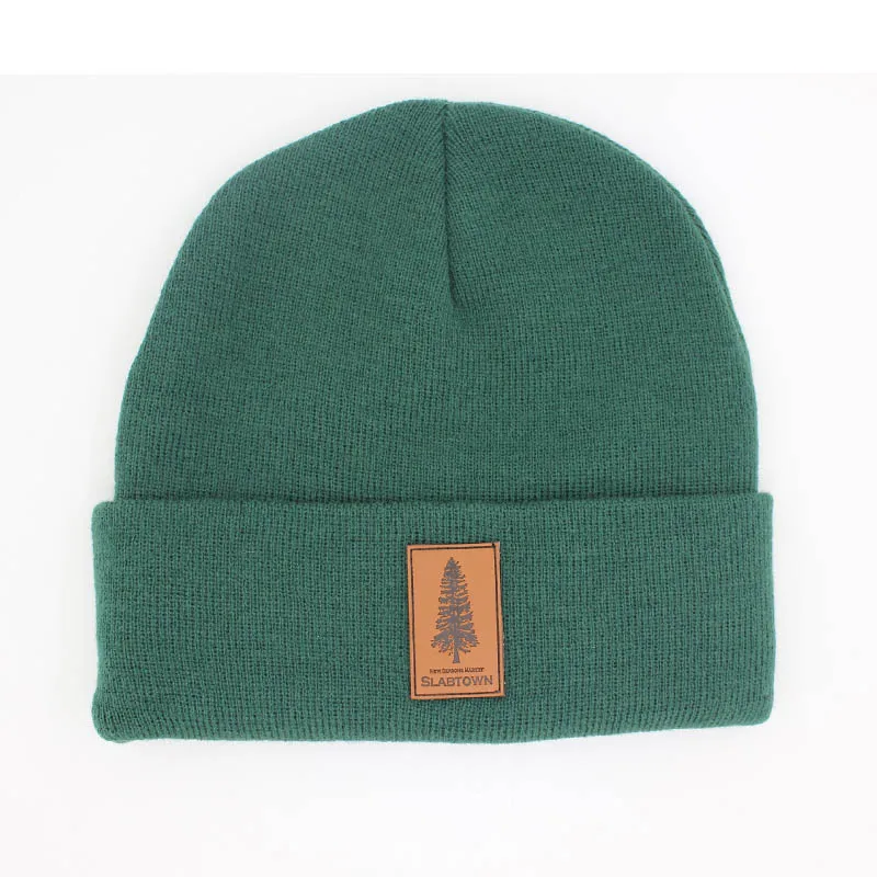 custom wholesale leather patch beanies, mens knitting winter hat