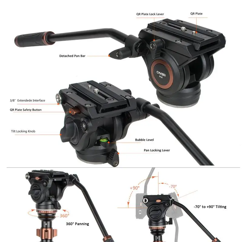 Cayer AF2451H4 hot selling defender aluminum tripod kit with fluid head flip-lock professional video camera tripod