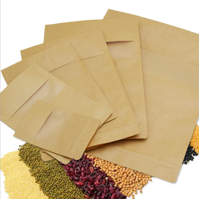 Eco-Friendly Recycled Waterproof Washable Stand up Kraft Paper Bag Zipper With Clear Window