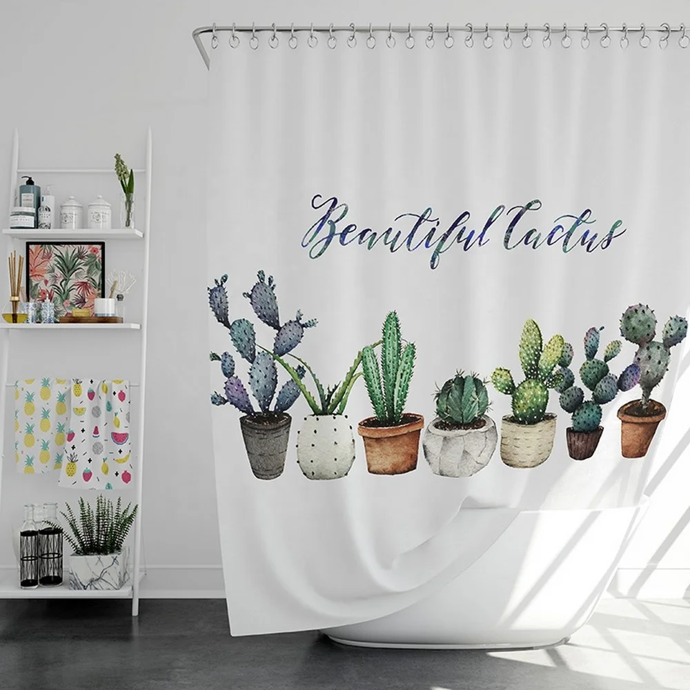 2024 Trending Home Goods Bathroom Bath Product Mouldproof Waterproof 3D Green Cactus Cartoon Design Shower Curtain