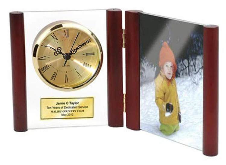 Rosewood Case  Book Shape Photo Frame Table Clock