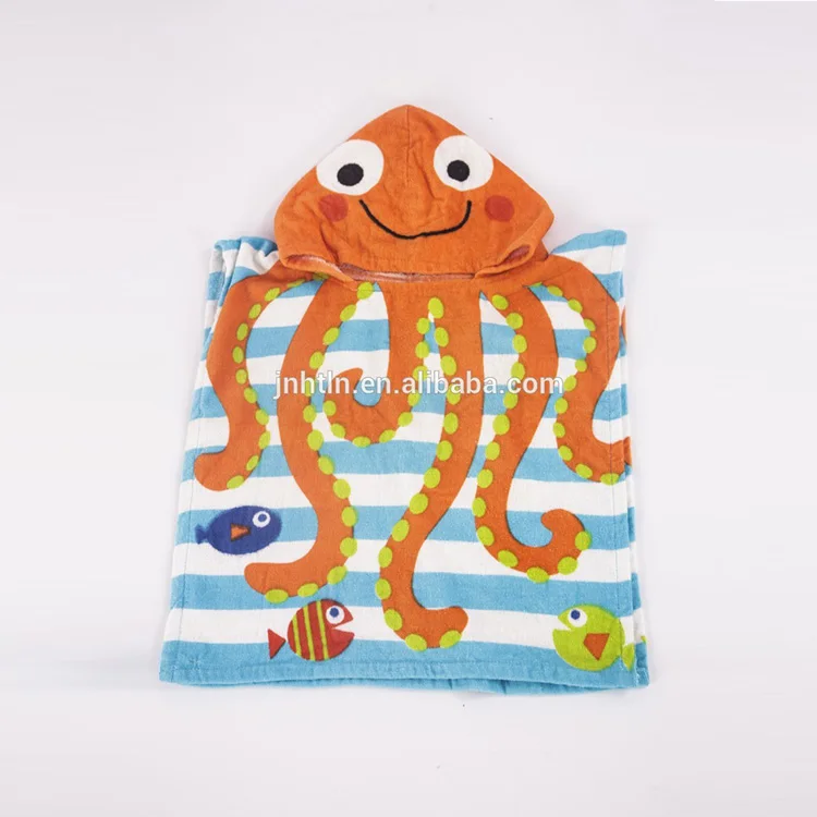 Розовое детское пляжное полотенце-пончо с капюшоном в виде осьминога