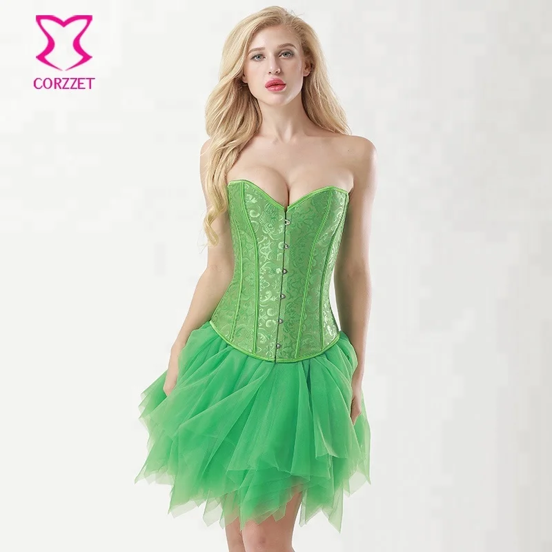 Corzzet Women Fancy Falda Cavanval Green Brocade Satin Corset Mesh Skirt Carnival Party Bridesmaid Dress Bridal Simple Clothing