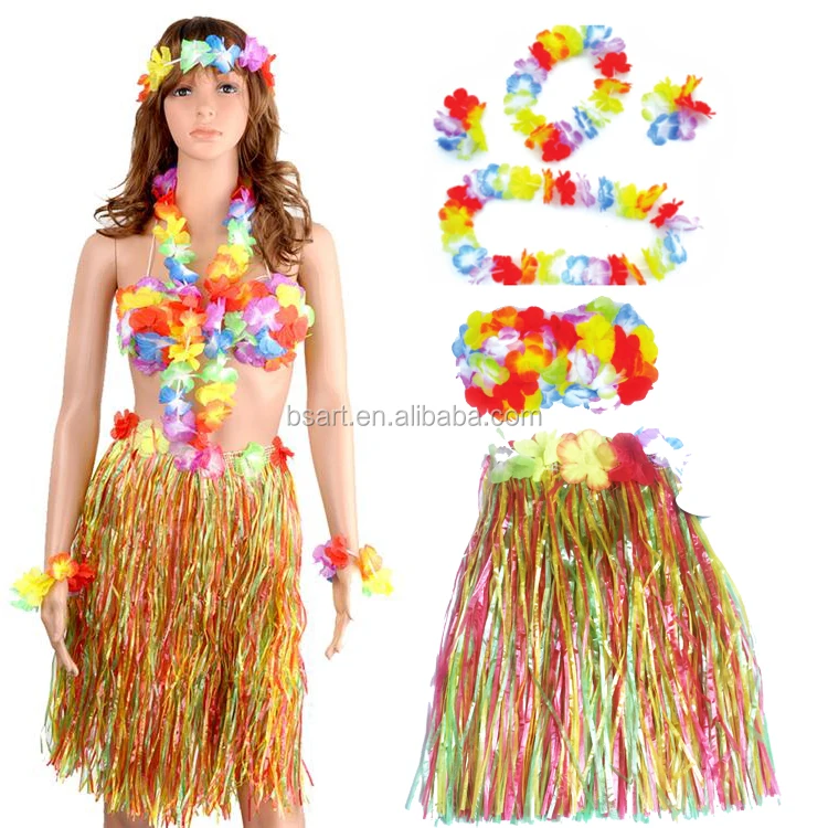 colorful Hawaiian flower leis with hawaii hula skirt and coconut bra