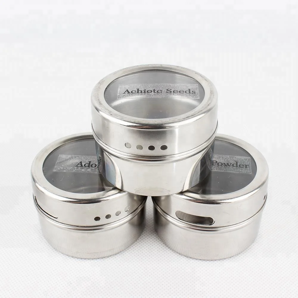 12 Premium Grade 304 Stainless Steel Magnetic Spice Containers with clear lids