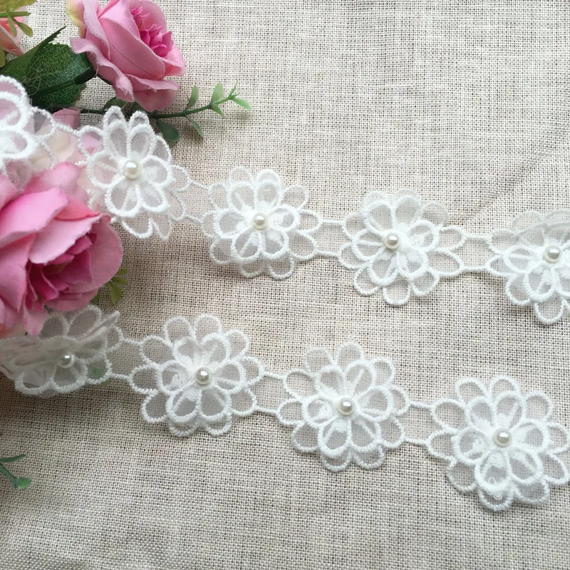 Wholesale beaded flower wedding accessories diy decorative Pearl flower embroidery water soluble lace trim