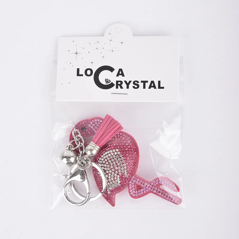 LOCACRYSTAL Brand Rhinestone Flamingo Shaped Leather Keychain with Tassel
