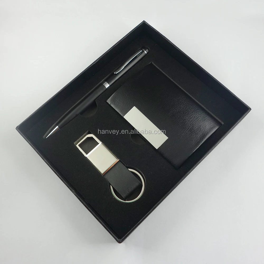 
Factory price wholesale promotion gift luxury custom PU leather card holder pen and keychain business corporate gift set 
