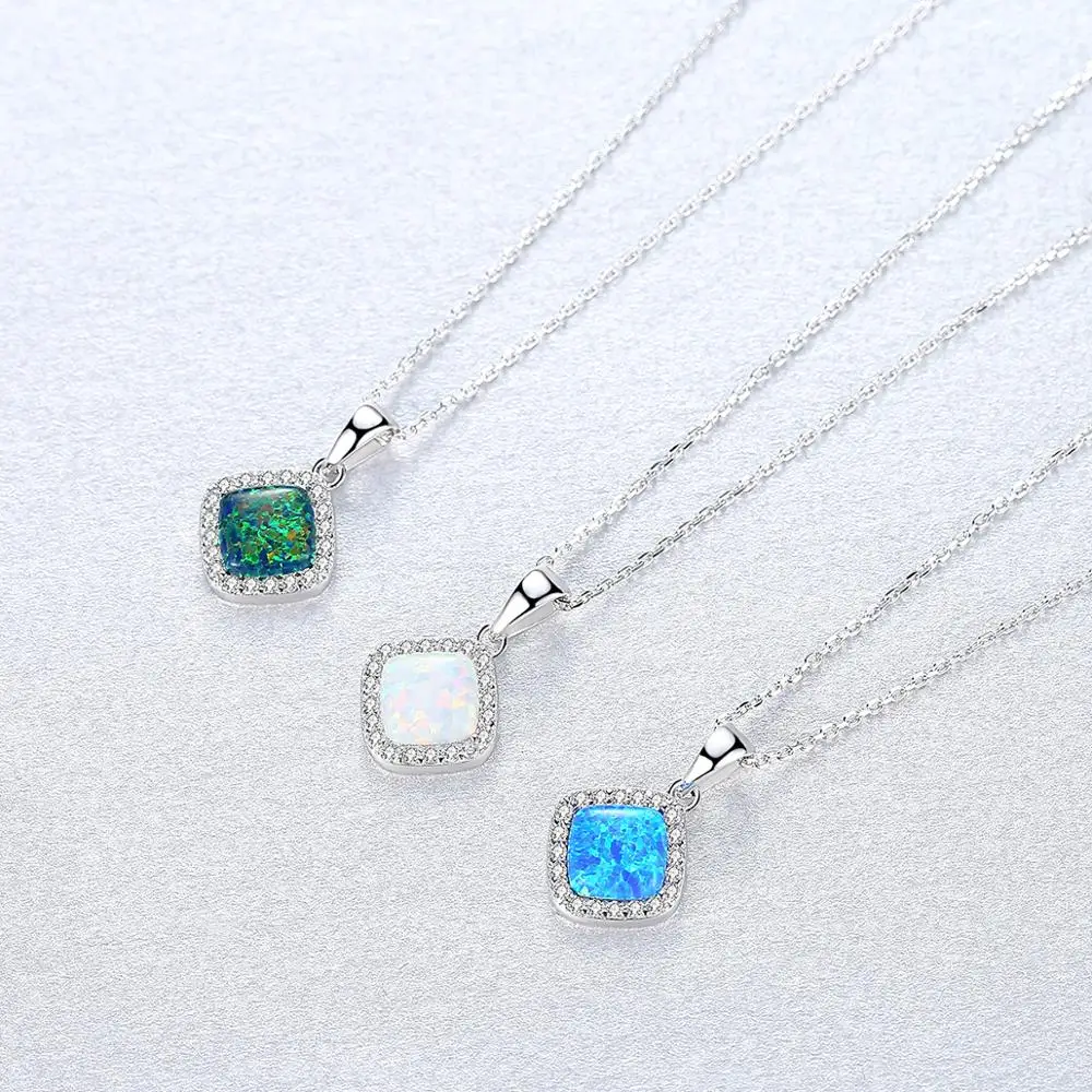CZCITY Square Custom Diamond Chain Pendant Jewelry Dainty 925 Silver Good Quality Opal Necklace