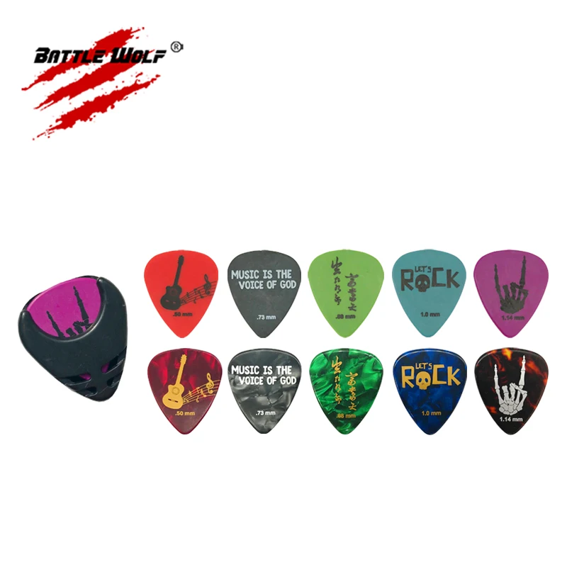 10pcs Different Designs 0.50mm-1.14mm Celluloid and Acetal Material Picks Guitar Custom With a Pick Holder
