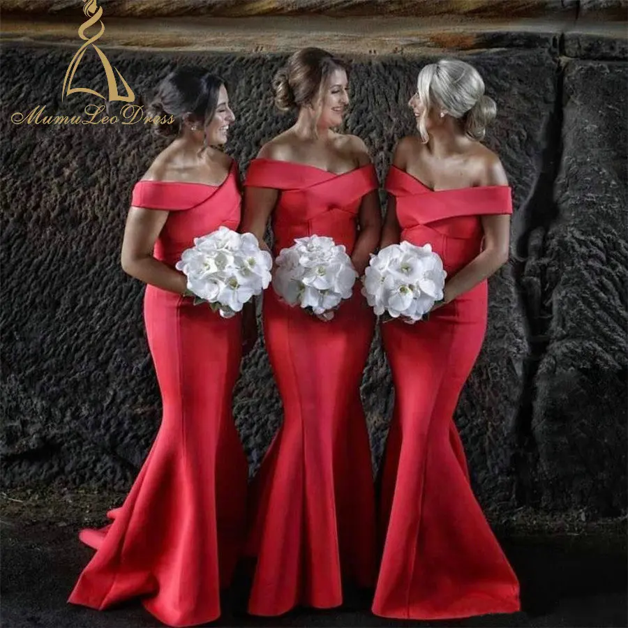 
Zipper Back Floor Length Satin Off The Shoulder Red Mermaid Bridesmaid Dresses Slinky Modern Maton Of Honor Dress 