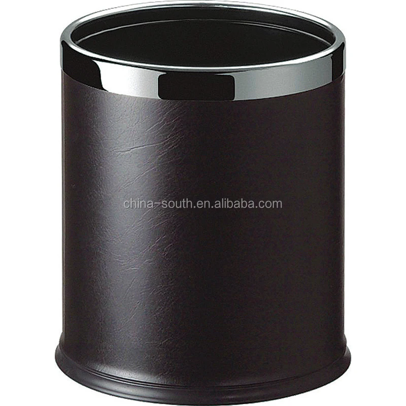 Round faux leather waste bin black