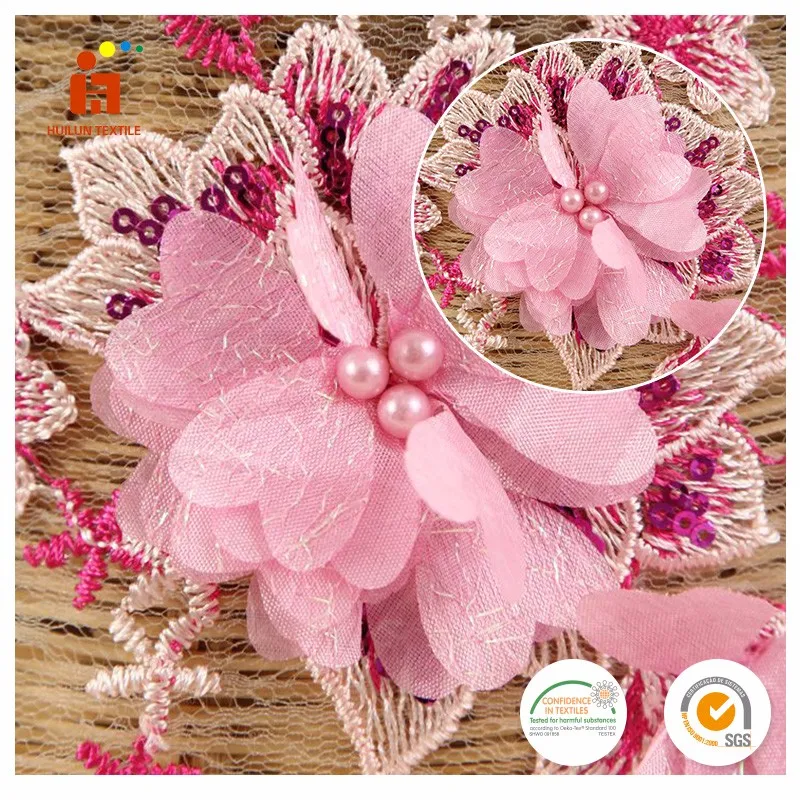 2016 последние вышивка дизайн розовый 3D цветок вышитый тюль, кружева бисером ткань для платья