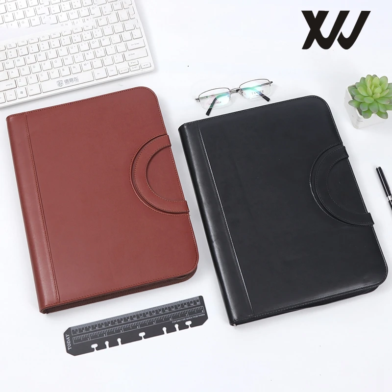 A4 luxury multifunction PU portfolio file case custom logo manager file folder with handle and zipper calculator