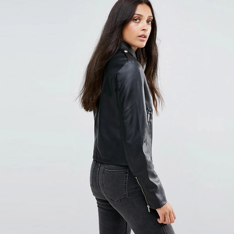 Wholesale New winter custom black Spread collar jacket fashion faux leather biker jacket for women