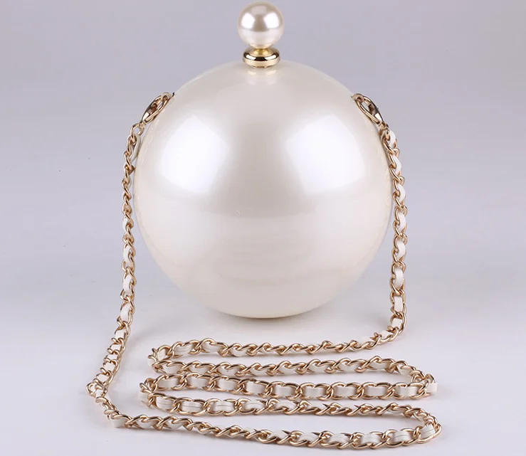 cream white acrylic evening bags round ball ladies shoulder handbags wedding women purses party bridal clutch with pearls chain