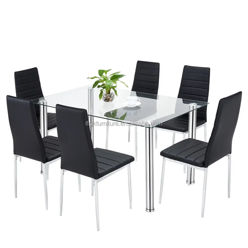 Дешевый набор стеклянных обеденных столов и 4 или 6 стульев из искусственной кожи белого и черного цвета