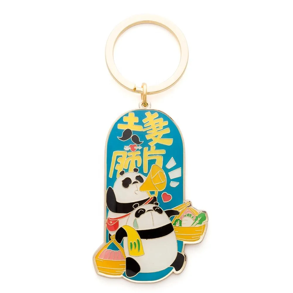 Factory cheap custom soft enamel color 2D design metal key ring panda keychain