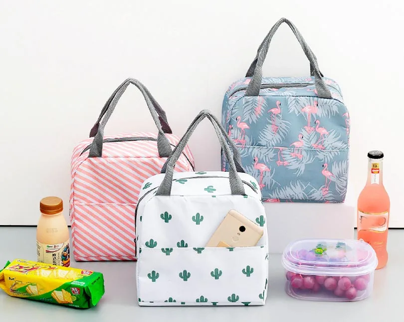 Audit BSCI Pattern Lunch Box Portable Insulated Canvas Thermal Food Picnic Lunch Bags for Women Kids Portable Cooler Bag