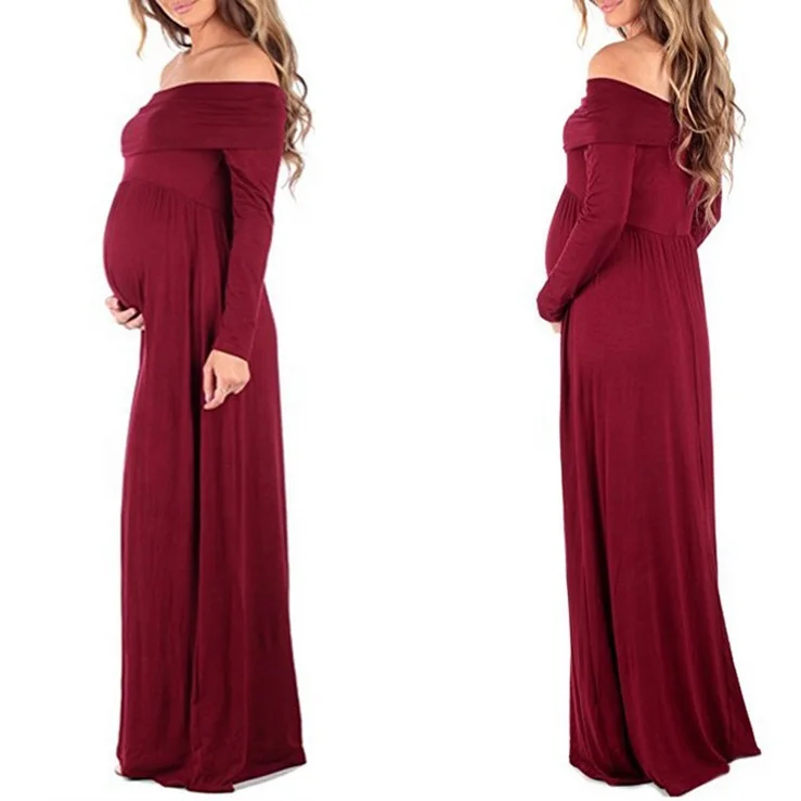 Off Shoulder Long Sleeve Solid Pregnant Photography Photo Shoot Maternity Clothes Casual Long Maternity Dress For Photography