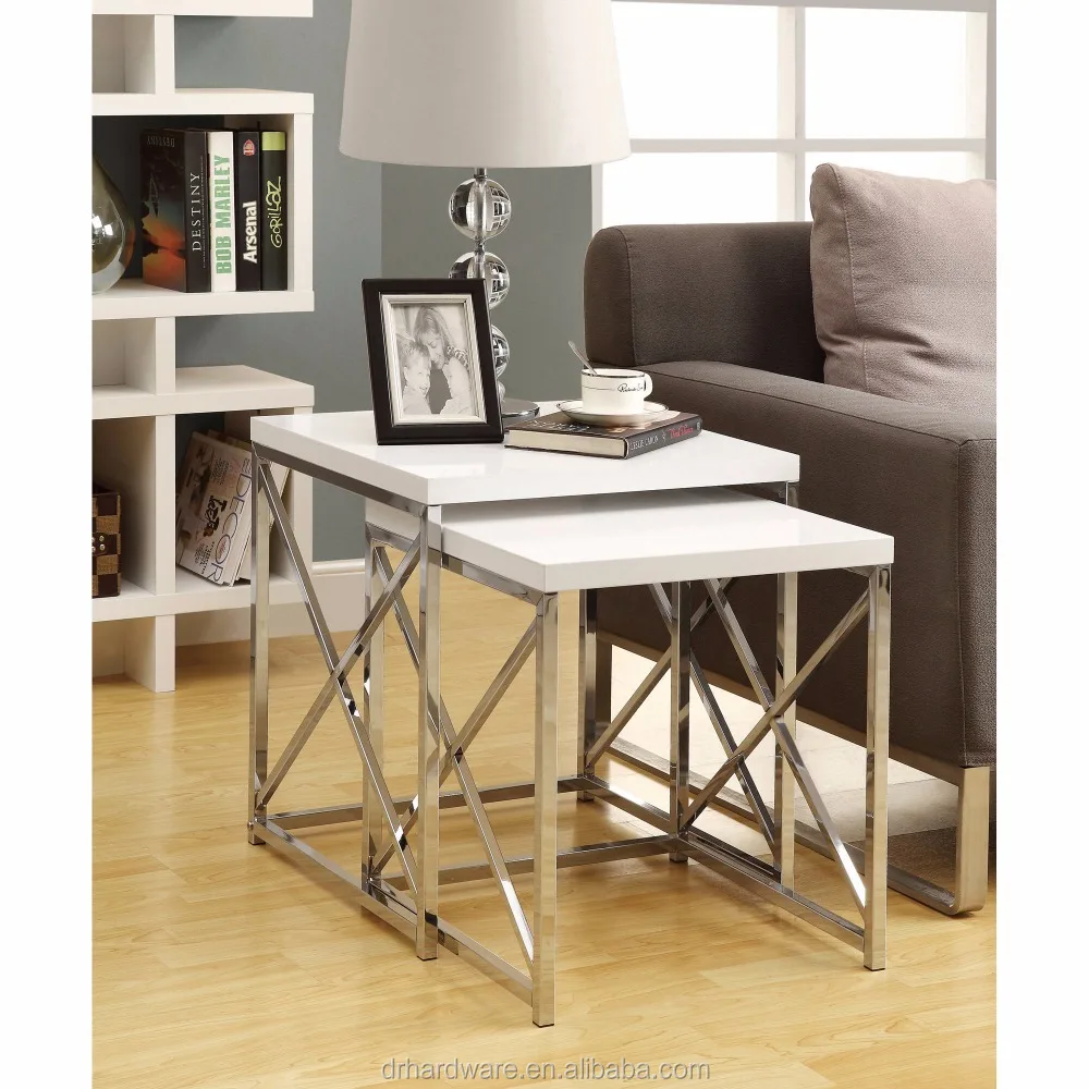 Nesting Coffee Table Set With Glossy White Chrome Metal Modern Design Coffee Table Tea Table