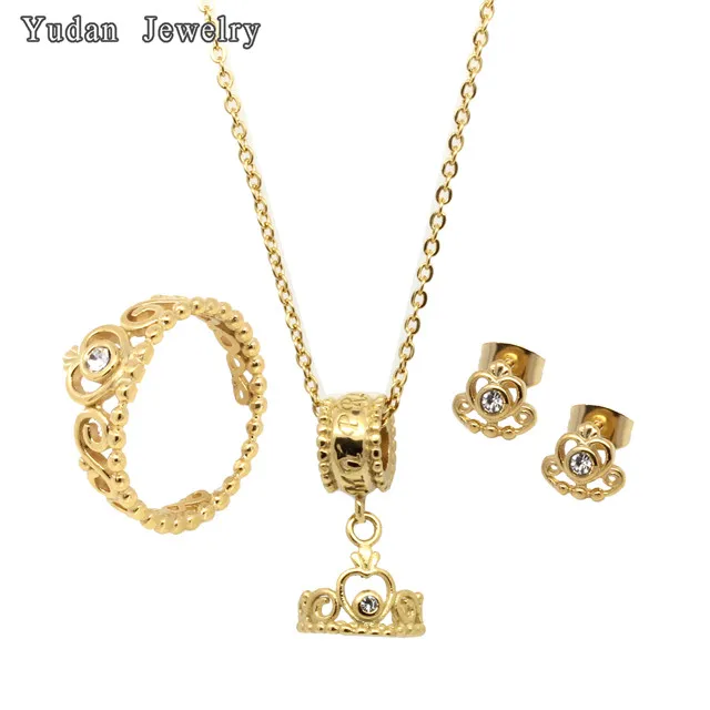 Wholesale Fashion Stainless Steel Leaf Ring Pendant Earring Plated Gold Jewelry Sets