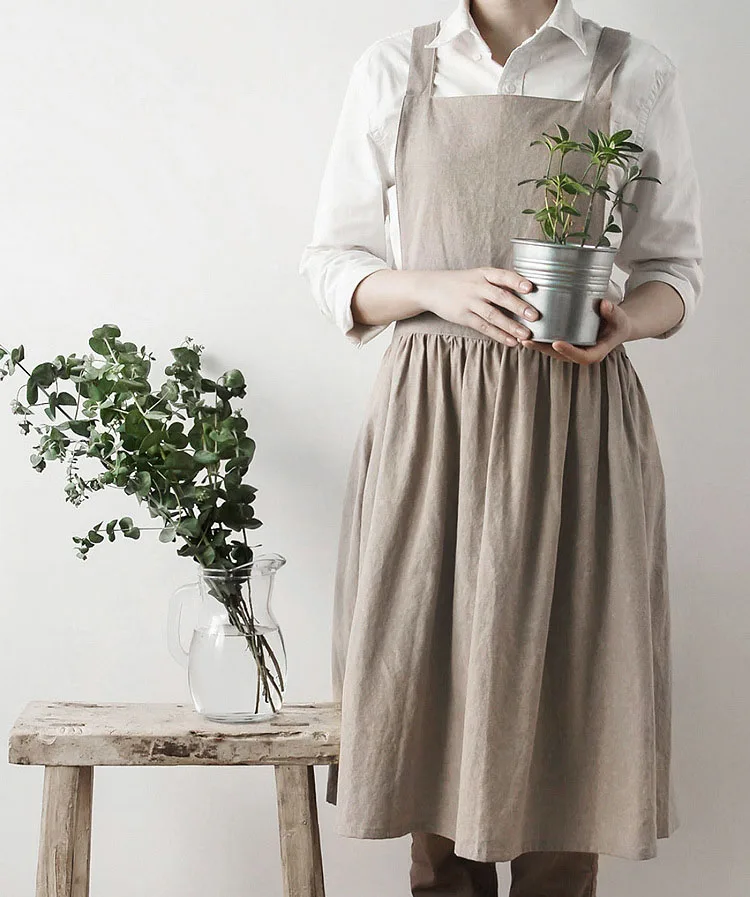 Promotional custom logo cotton and linen dressy apron with ruffle for women