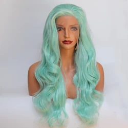 Fantasy Beauty Glueless High Temperature Heat Resistant Fiber Hair Long Wavy Mint Green Synthetic Lace Front Wig for Drag Queen