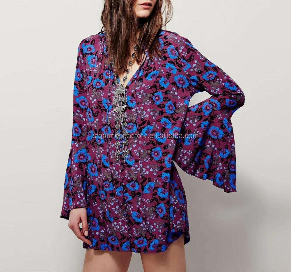 Hot Sale Printed Tunic Shirt V-Neck Ruffled Collar Women Top Long Flare Sleeve Casual Tops Chiffon Blouse STb-01028