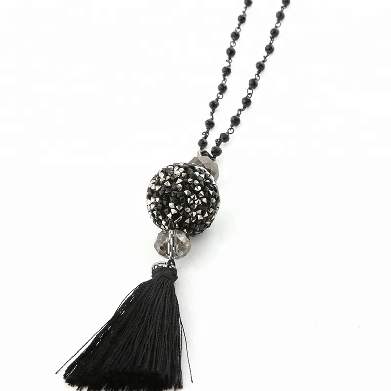 
NeeFu WoFu Pendant Necklaces Big 20mm Rhinestone Ball Necklace Handmade 2mm Black Crystal Wrapped Beaded Bohemian Tassel Long Ne 