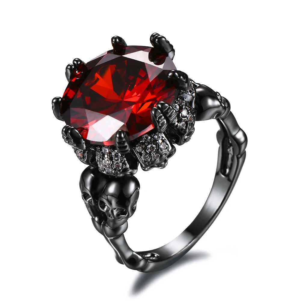 
Hip Hop Rings Europe and the United States Style Black Gold Ruby Zircon Skull Rings 
