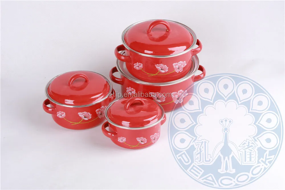 
New product 16-24cm cooking pot cast iron red flower color enamel casserole set with glass lid/enamel lid 