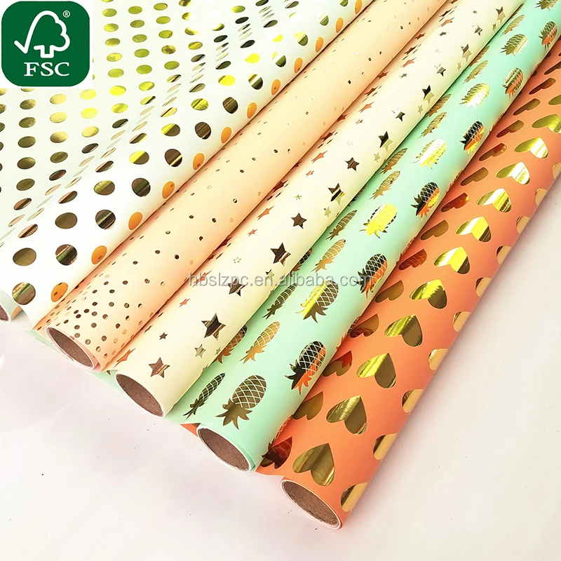 
Gift wrapping paper roll custom gold foil paper FSC Certificated retail roll 