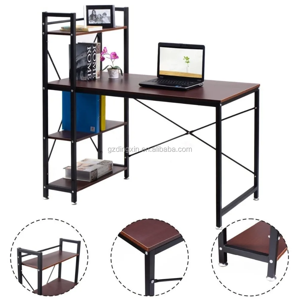computer desk compact desk with 4 shelves Home office study table brown