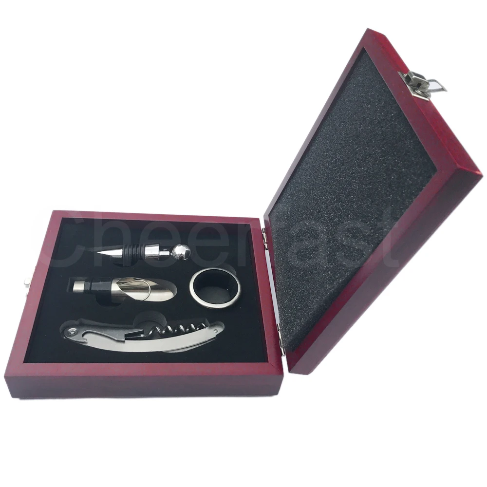 Good Wooden Box 4 Pieces Accessories Wine Set