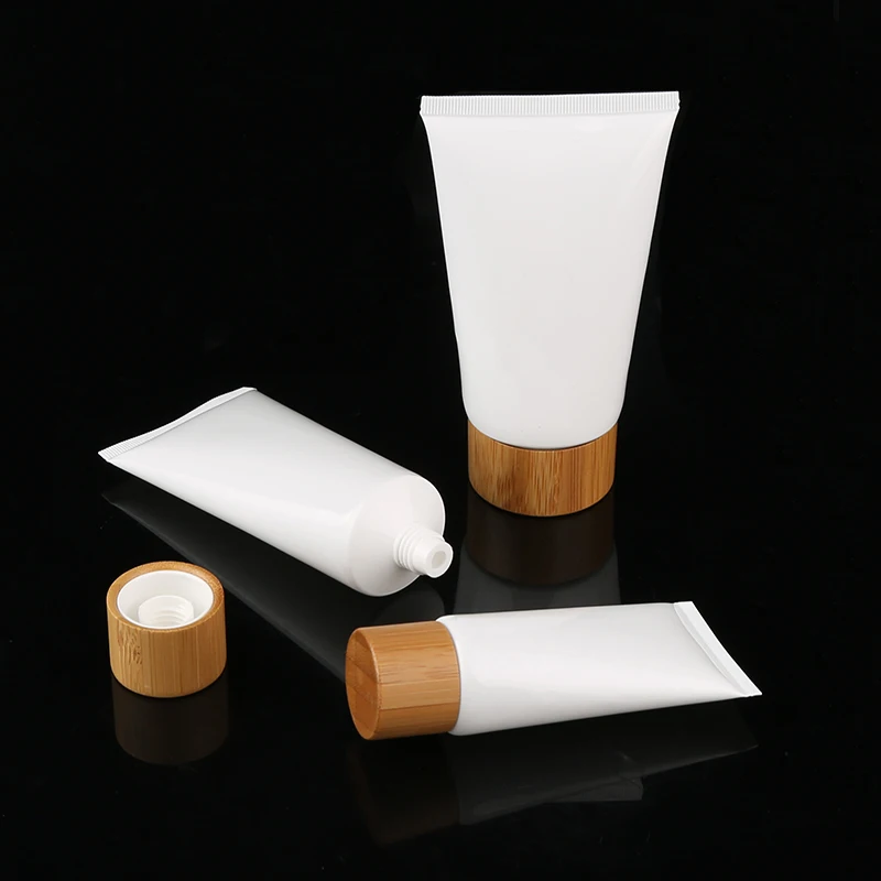 Empty cosmetic plastic soft squeeze tube with bamboo lid cleanser toothpaste container packaging
