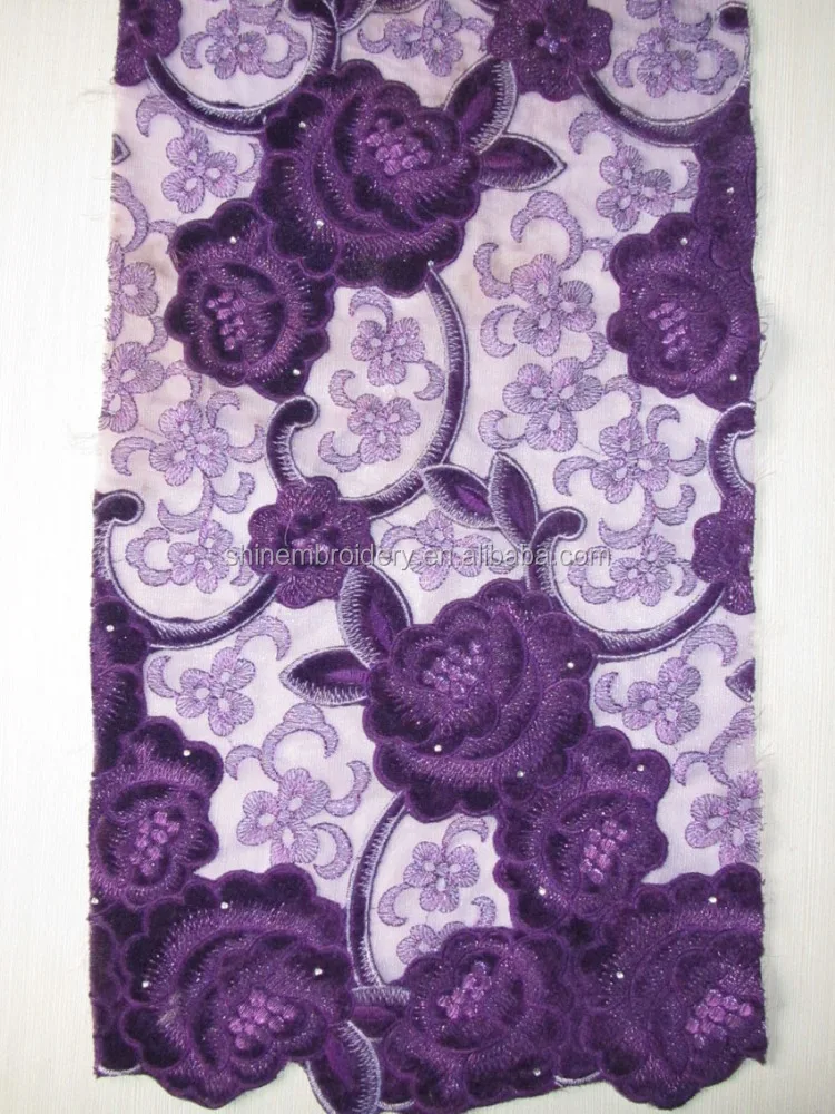 fancy tulle embroidery fabric with velvet patch work with stones for garment or dresses