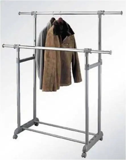 Elegant Singular Black Metal Bar Four Wheel Clothes Display Rack