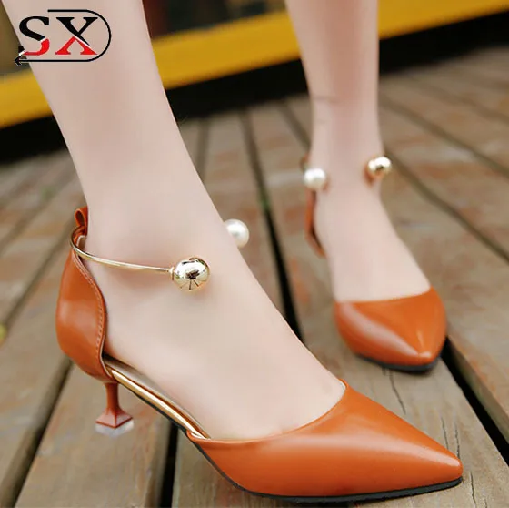 Ladies White Pointed Toe Pearls Bridal Shoes Mid Heel Block Women OL Shoes
