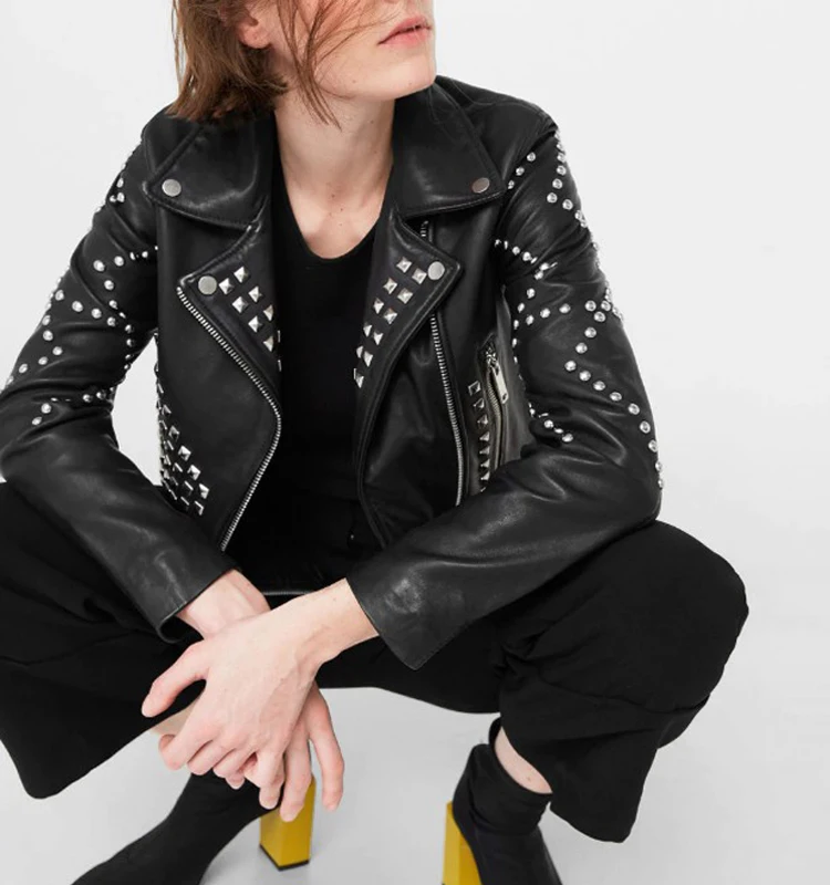 Wholesale Custom Punk Studded Biker Faux Leather Jacket Women