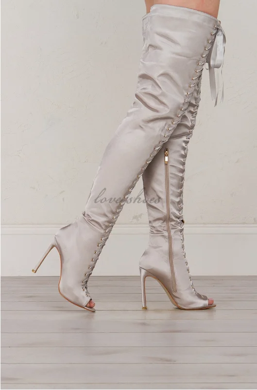2017 new Sexy boots Light Gray Ribbon Lace Up Over The Knee Peep Toe Boot Satin upper Women long boots