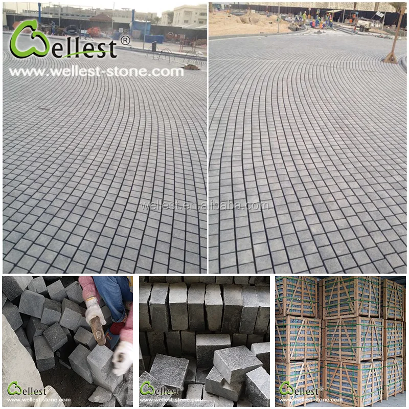 
 Темно-серый готовый гранитный брусчатый камень, стеллаж, подъездная дорожка  