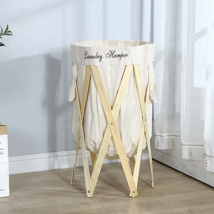 
cotton canvas clothes folding wood frame laundry basket with handle 