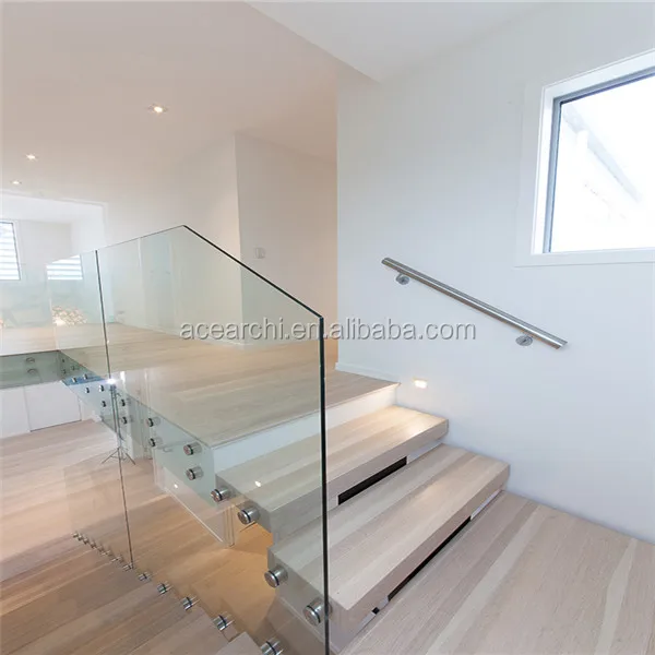 Indoor Solid Wood Floating Staircase Handle with Glass Railing